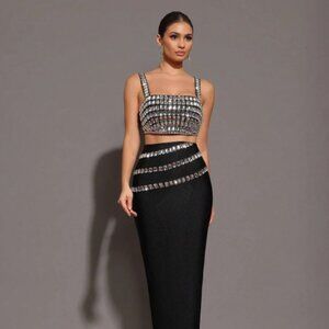 Women’s Two-Piece Rhinestone Embellished Bodycon Maxi Dress